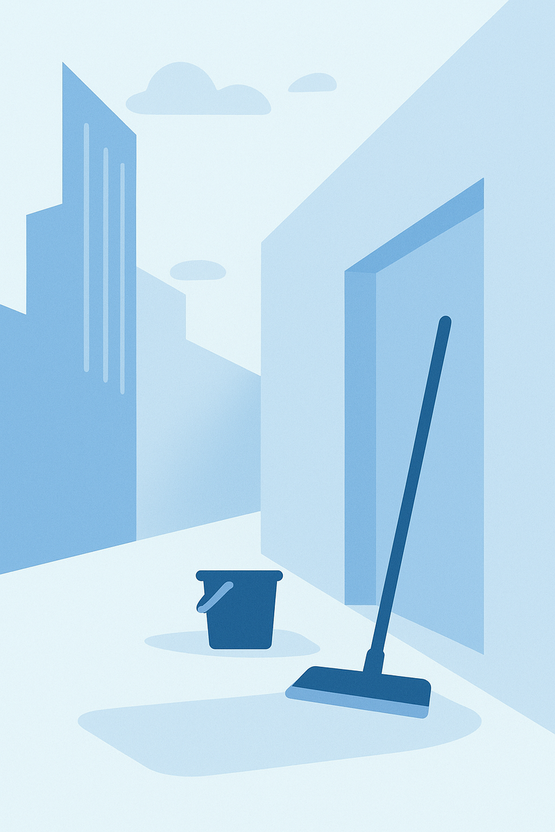 Gebäudereinigung – Illustration einer Gebäudefassade mit Reinigungsausrüstung